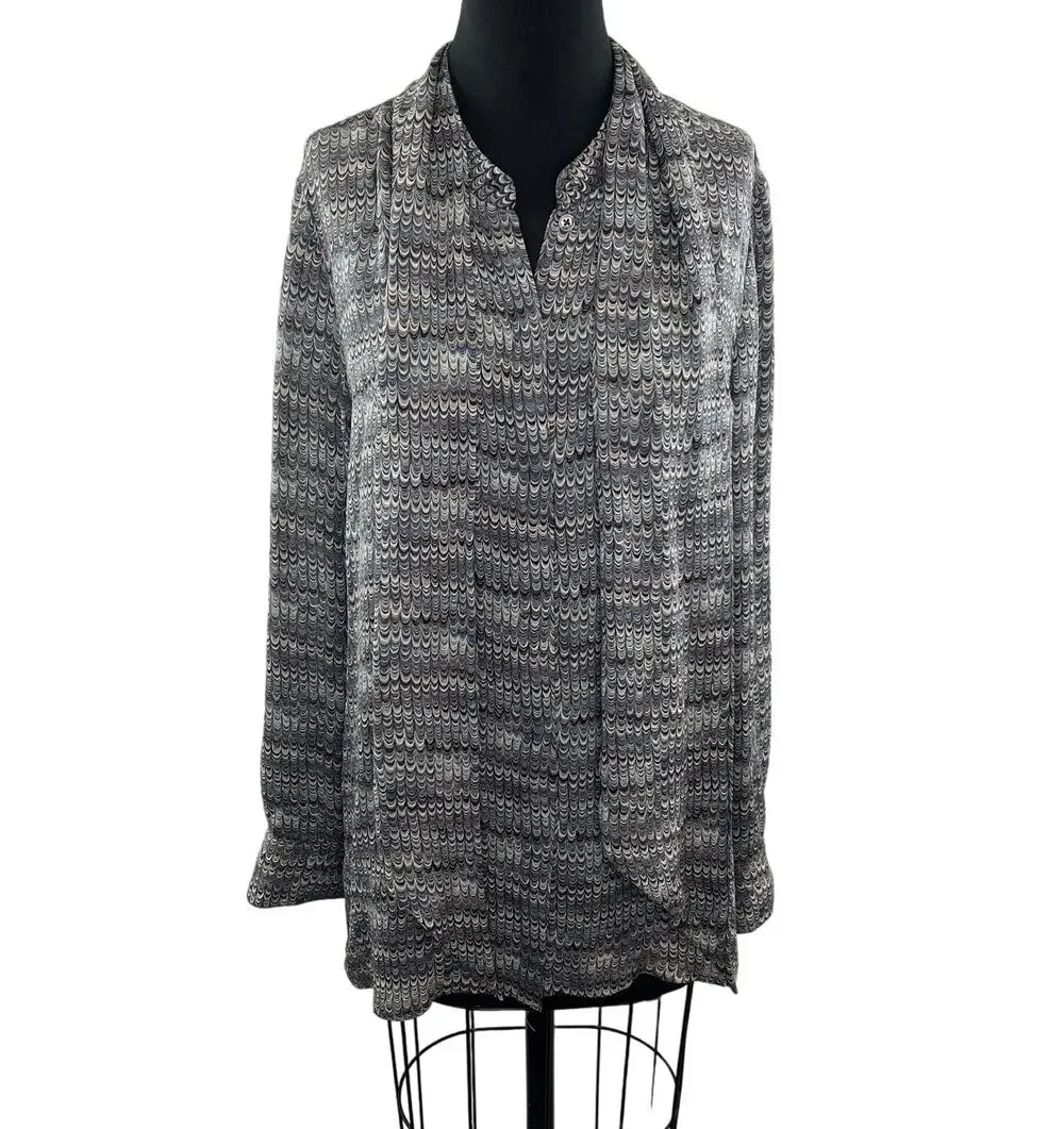 TORY BURCH Tie-Neck Gray Marble Print Silk Blouse Long Sleeves Relaxed Fit Sz M